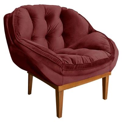 Poltrona Decorativa Veludo Marsala Base Madeira Castanho