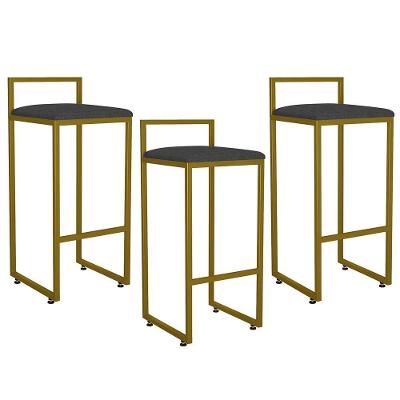 Kit 03 Banquetas Altas Hanna Dourado Linho Chumbo