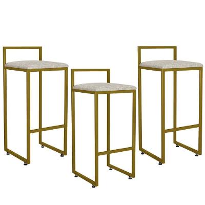 Kit 03 Banquetas Alta Hanna Dourado Linho Bege