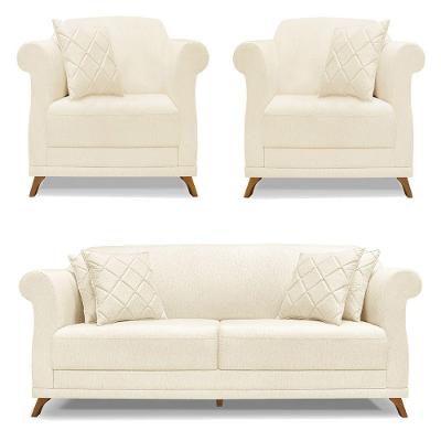 Kit 2 Poltronas E Sofá 2 Lugares 1,80m Bege Pés Castanho