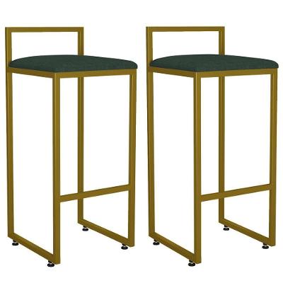 Kit 02 Banquetas Alta Hanna Dourado Linho Verde Musgo