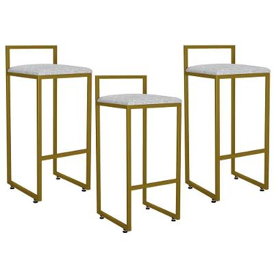 Kit 03 Banquetas Altas Hanna Dourado Linho Cinza