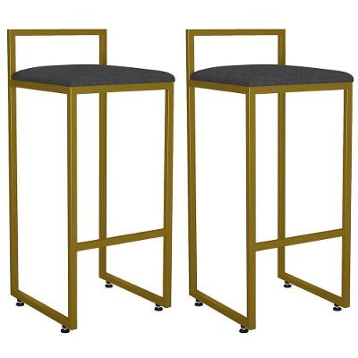 Kit 02 Banquetas Altas Hanna Dourado Linho Chumbo