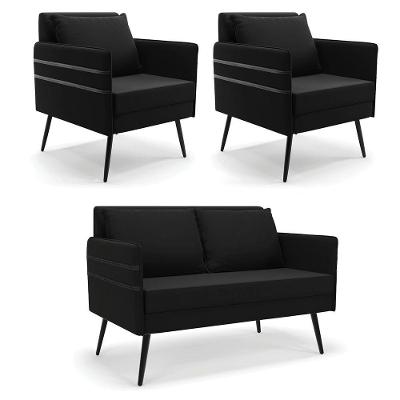 Kit 01 Namoradeira E 02 Poltronas Suede Preto