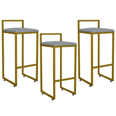 Kit 03 Banquetas Altas Hanna Dourado Suede Cinza