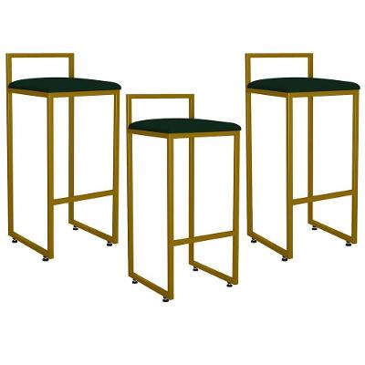 Kit 03 Banquetas Altas Hanna Dourado Suede Verde Musgo