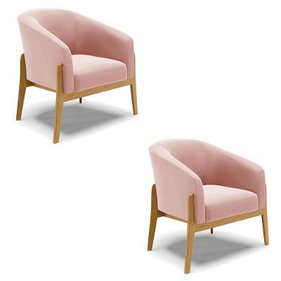 Kit 02 Poltronas Stella Veludo Base Madeira Castanho - D'rossi Cor Rose
