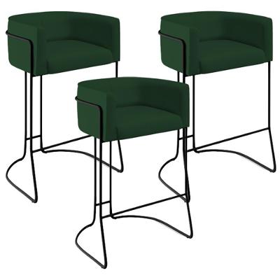 Kit 03 Banquetas Fixa Preto Veludo Verde Musgo C-303