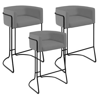 Kit 03 Banquetas Fixa Preto Veludo Cinza C-317