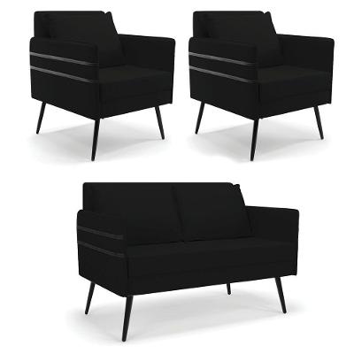 Kit 01 Namoradeira E 02 Poltronas Linho A79 Preto
