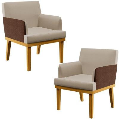 Kit 02 Poltronas Base Mel Linho Bege Couríssimo Marrom