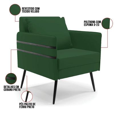 Poltrona Mari Veludo Verde Pés Palito De Ferro Preto
