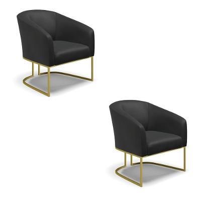 Kit 02 Poltronas Corino Preto Base Industrial Dourada