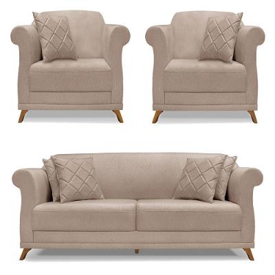 Kit 2 Poltronas E Sofá 2 Lugares 1,80m Pés Castanho Areia