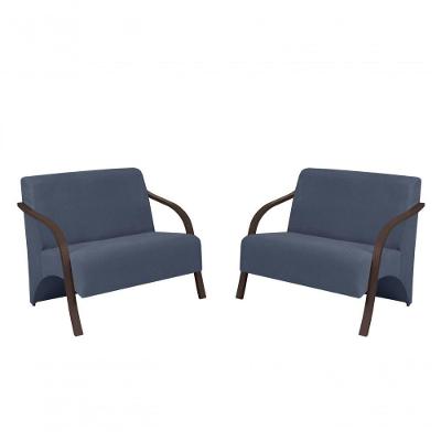 Kit 2 Poltronas 2 Lugares Suede Braço Madeira Azul Bic