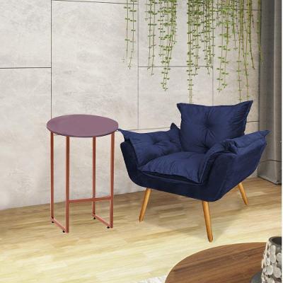 Kit Poltrona Opala Com Mesa Will Ferro Bronze Rose Suede Azul Marinho - Ahazzo Móveis