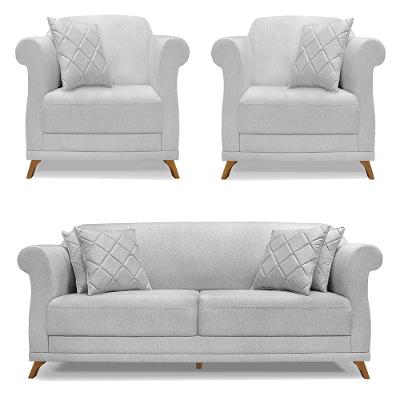 Kit 2 Poltronas E Sofá 2 Lugares 1,60m Cinza Pés Castanho