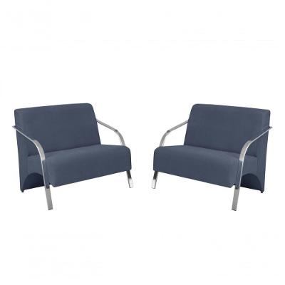 Kit 2 Poltronas 2 Lugares Braço Alumínio Suede Azul Bic