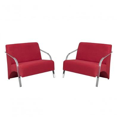 Kit 2 Poltronas 2 Lugares Braço Alumínio Suede Vermelho