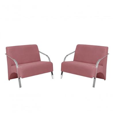 Kit 2 Poltronas 2 Lugares Braço Alumínio Suede Rosa