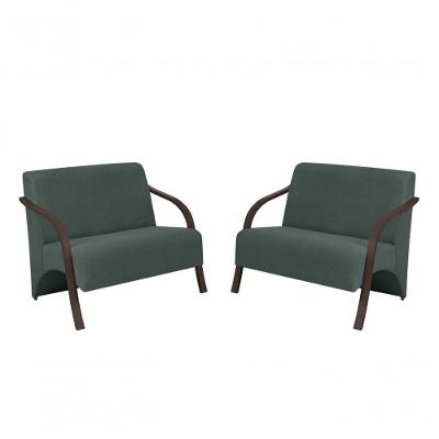 Kit 2 Poltronas 2 Lugares Suede Braço Madeira Turquesa