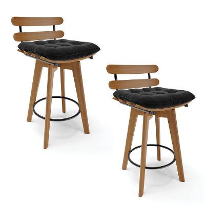 Kit 02 Banquetas Giratória Costela Suede Base Madeira Preto