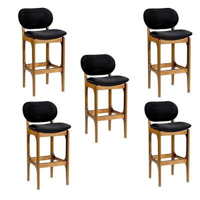 Kit 5 Banquetas Alta Soshoku Suede Preto/Imbuia