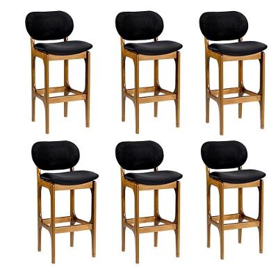 Kit 6 Banquetas Alta Soshoku Suede Preto/Imbuia