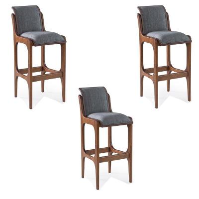 Kit 3 Banquetas Alta Madeira Maciça Pedri Linho Cinza/Imbuia