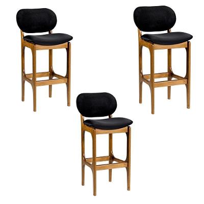Kit 3 Banquetas Alta Soshoku Suede Preto/Imbuia
