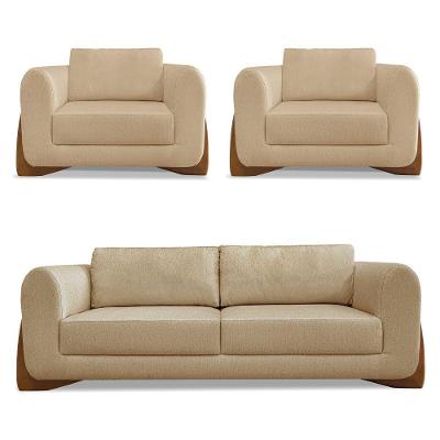 Kit 2 Poltronas E Sofá 2 Lugares Linho Pés Castanho Dourado