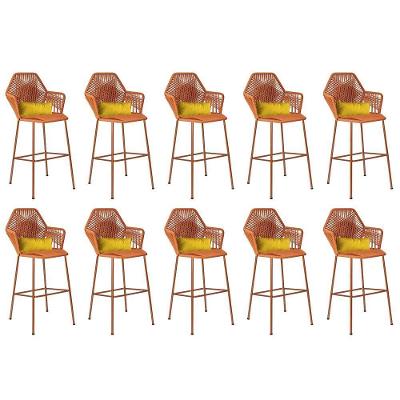 Kit 10 Banqueta Alta Com Encosto Ferro Bronze Fibra Terracota Almofada Amarelo