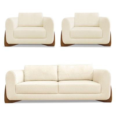 Kit 2 Poltronas E Sofá 2 Lugares Linho Bege Pés Castanho