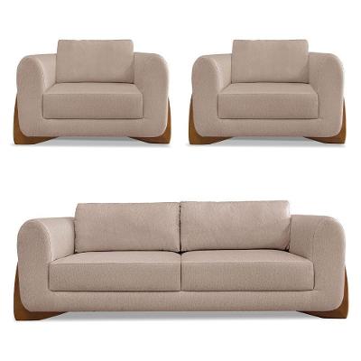 Kit 2 Poltronas E Sofá 2 Lugares Linho Pés Castanho Areia