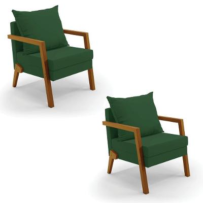 Kit 02 Poltronas Alice Veludo Base De Madeira Cor Verde