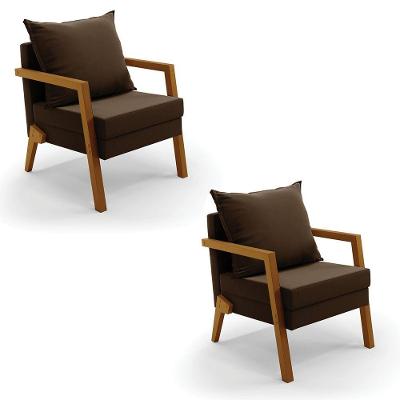 Kit 02 Poltronas Alice Suede Base De Madeira Cor Marrom