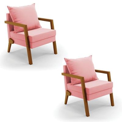 Kit 02 Poltronas Alice Suede Base De Madeira Cor Rose