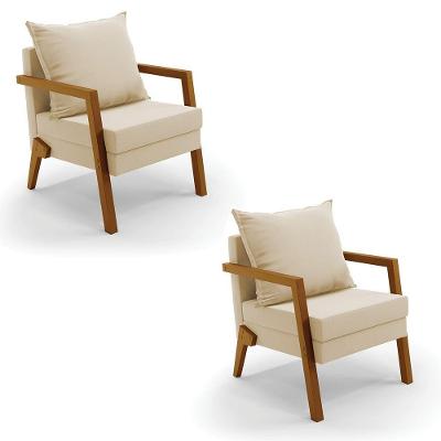 Kit 02 Poltronas Alice Suede Base De Madeira Cor Bege