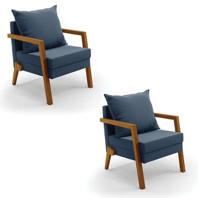 Kit 02 Poltronas Alice Suede Base De Madeira Azul Marinho