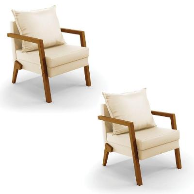 Kit 02 Poltronas Alice Corino Base De Madeira Cor Bege