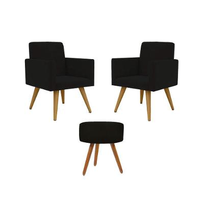 Kit 02 Poltronas Decorativas Pés Palito + 1 Puff Cor:preto