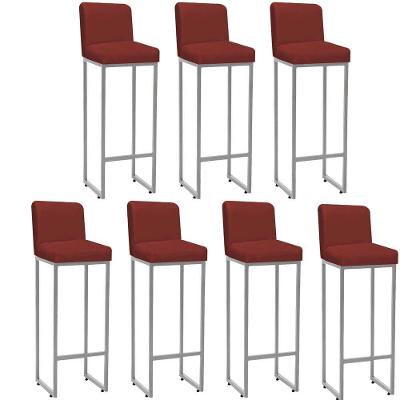Kit 07 Banqueta Alta Com Encosto Lucca -60cm Chão Até O Assento Industrial Ferro Prata Sintético Vermelho