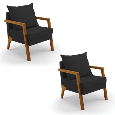 Kit 02 Poltronas Alice Veludo Base De Madeira Cor Preto