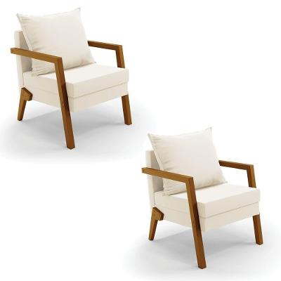 Kit 02 Poltronas Alice Veludo Base De Madeira Cor Bege