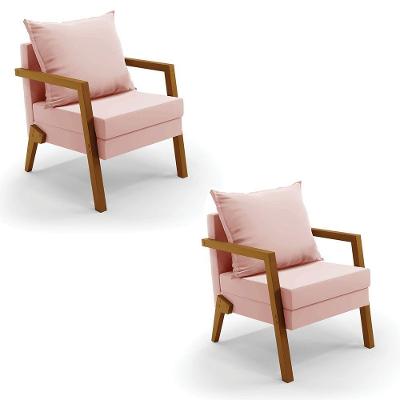 Kit 02 Poltronas Alice Veludo Base De Madeira Cor Rose