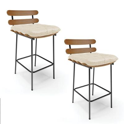 Kit 02 Banquetas Costela Corino Base Metálica Preto Cor Bege