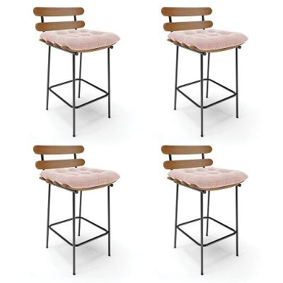 Kit 04 Banquetas Costela Veludo Rosê Base Metálica Preto