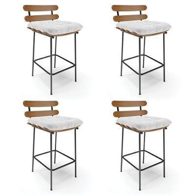 Kit 04 Banquetas Costela Corano Branco Base Metálica Preto