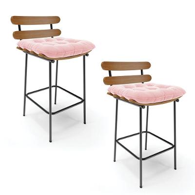 Kit 02 Banquetas Costela Suede Base Metálica Preto Rosa Bebê