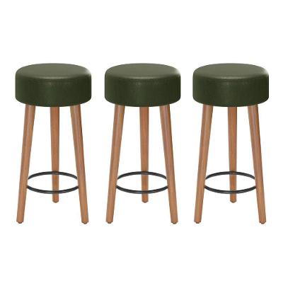 Kit 03 Banquetas Baixa Estofada Pés De Madeira Verde